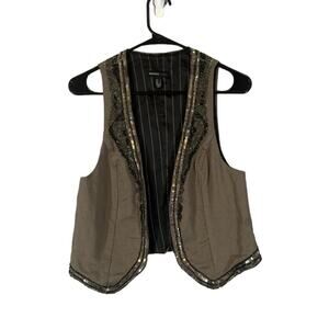 Mango Brown Beaded & Sequins Trim Lined Sleeveless Vest Women Sz XS